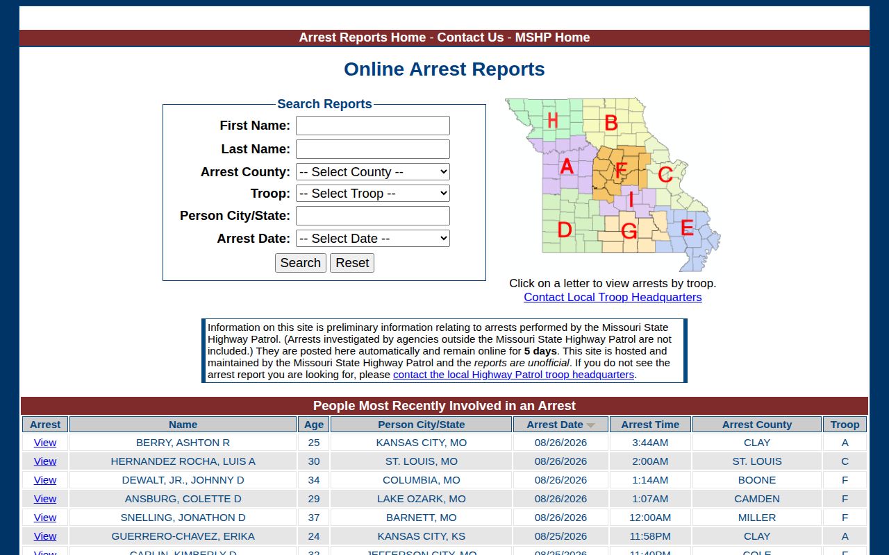 Laclede County recent arrest record Missouri State Highway Patrol search